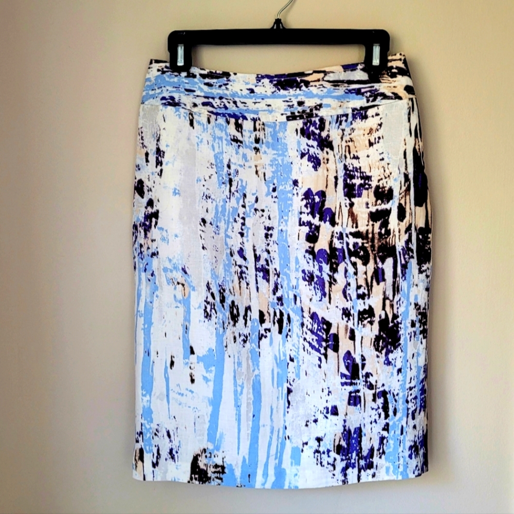 NWOT 100% Linen Kenar Midi Abstract Print Pencil Skirt, Lined, Size 6